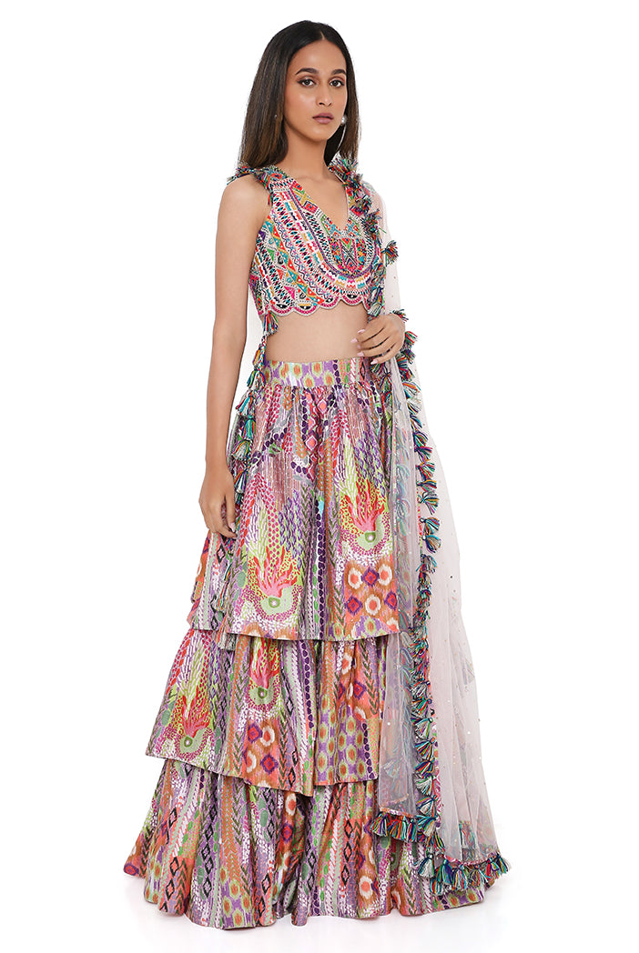 Blush Georgette Embroidered Choli With African Print Dupion Silk Ruffled Skirt And Baby Pink Dupatta