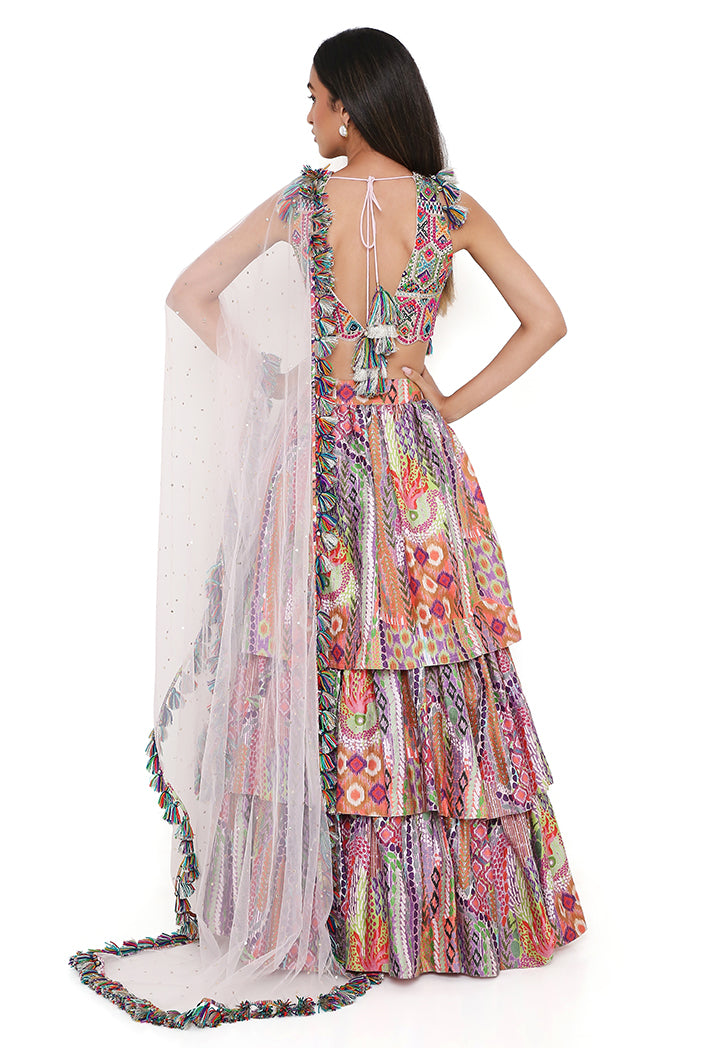 Blush Georgette Embroidered Choli With African Print Dupion Silk Ruffled Skirt And Baby Pink Dupatta