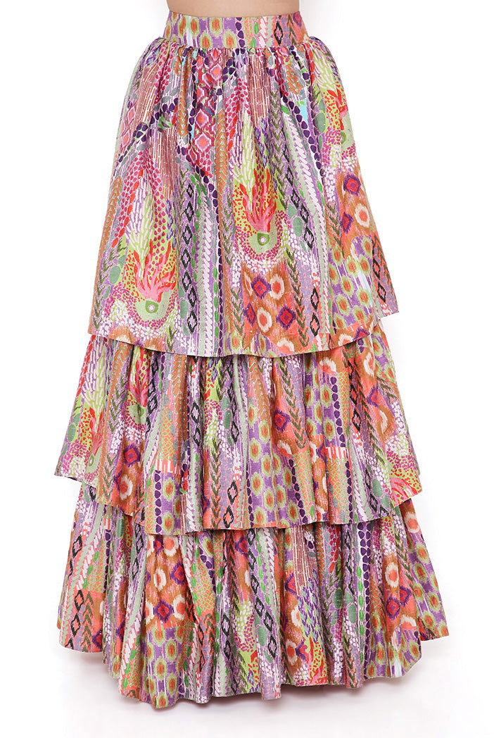 Blush Georgette Embroidered Choli With African Print Dupion Silk Ruffled Skirt And Baby Pink Dupatta