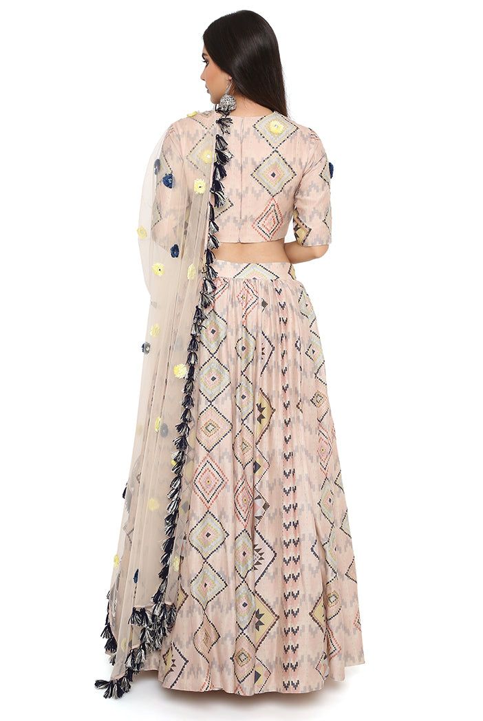 Blush Mosaic Diamond Print Embroidered Choli With Lehenga And Dupatta