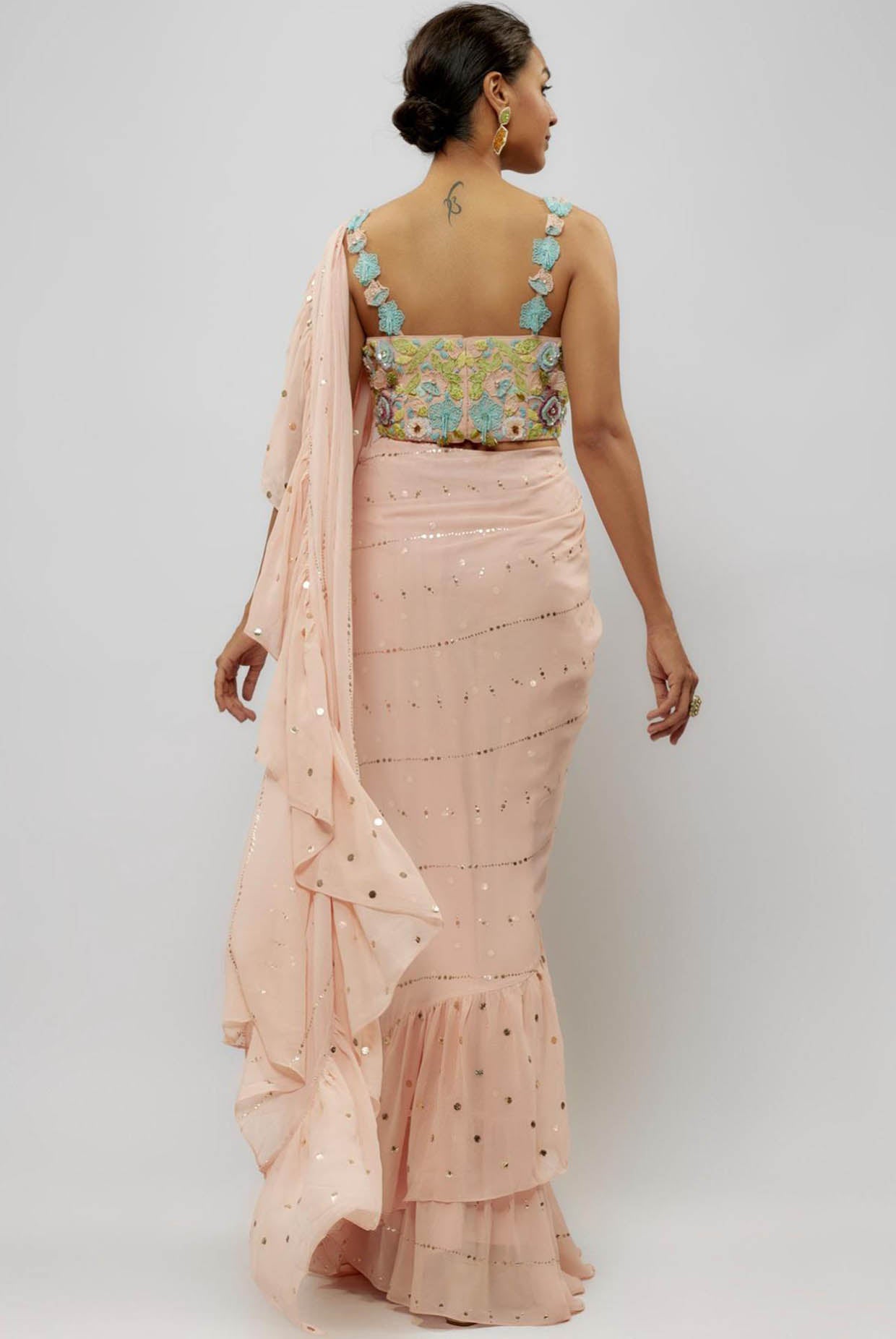 Blush Pink Embroidered Choli With Pre-Stitched Ruffle Saree