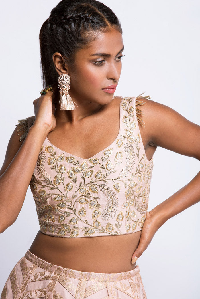 Blush Silk Choli with Net and Brocade Lehenga and Net Dupatta