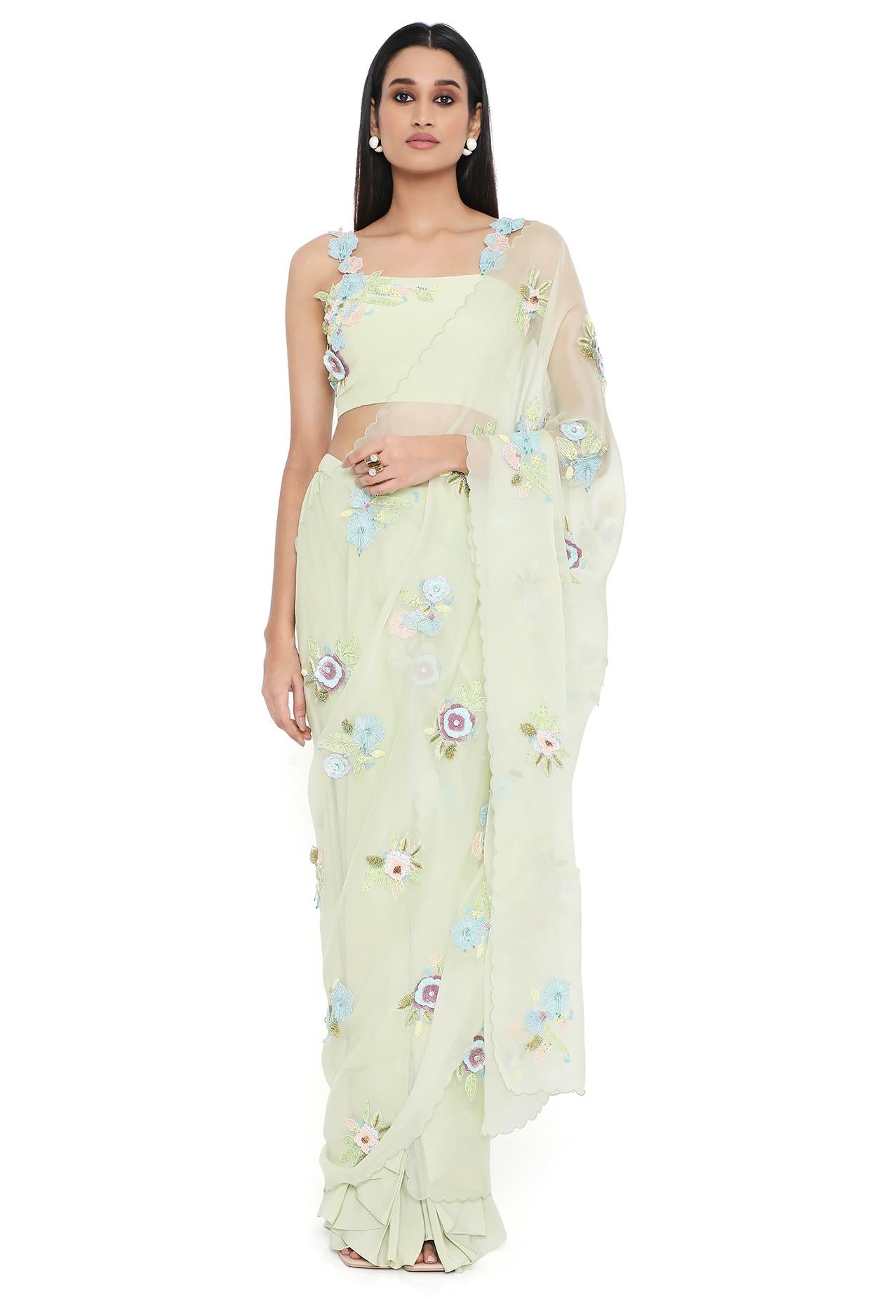 Camellia Mint Embroidered Choli And Pre Stitched Saree With Detachable Embroidered Pallu