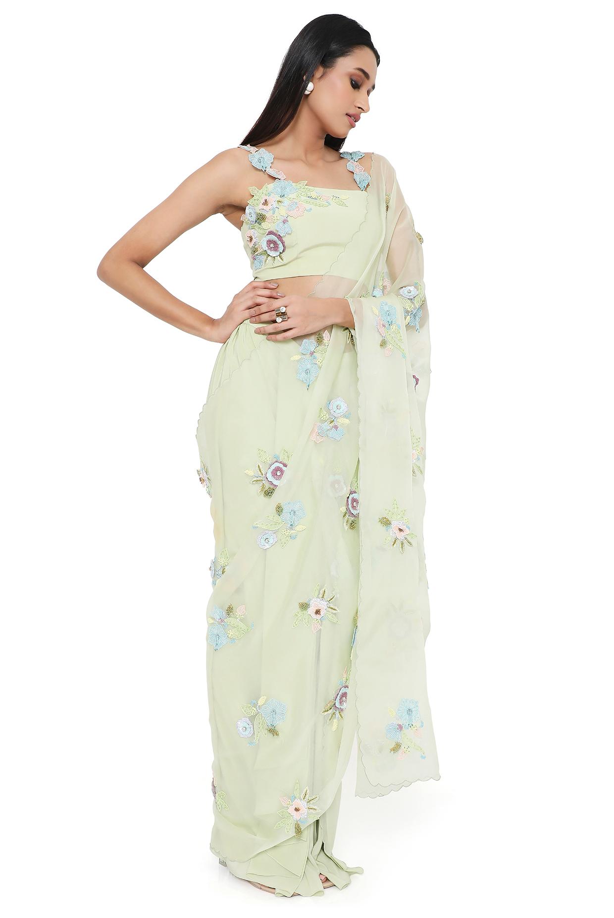 Camellia Mint Embroidered Choli And Pre Stitched Saree With Detachable Embroidered Pallu