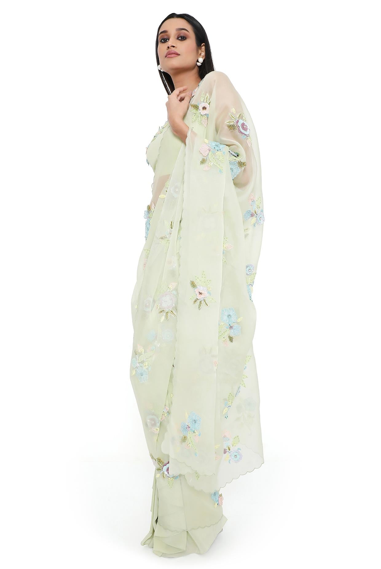 Camellia Mint Embroidered Choli And Pre Stitched Saree With Detachable Embroidered Pallu