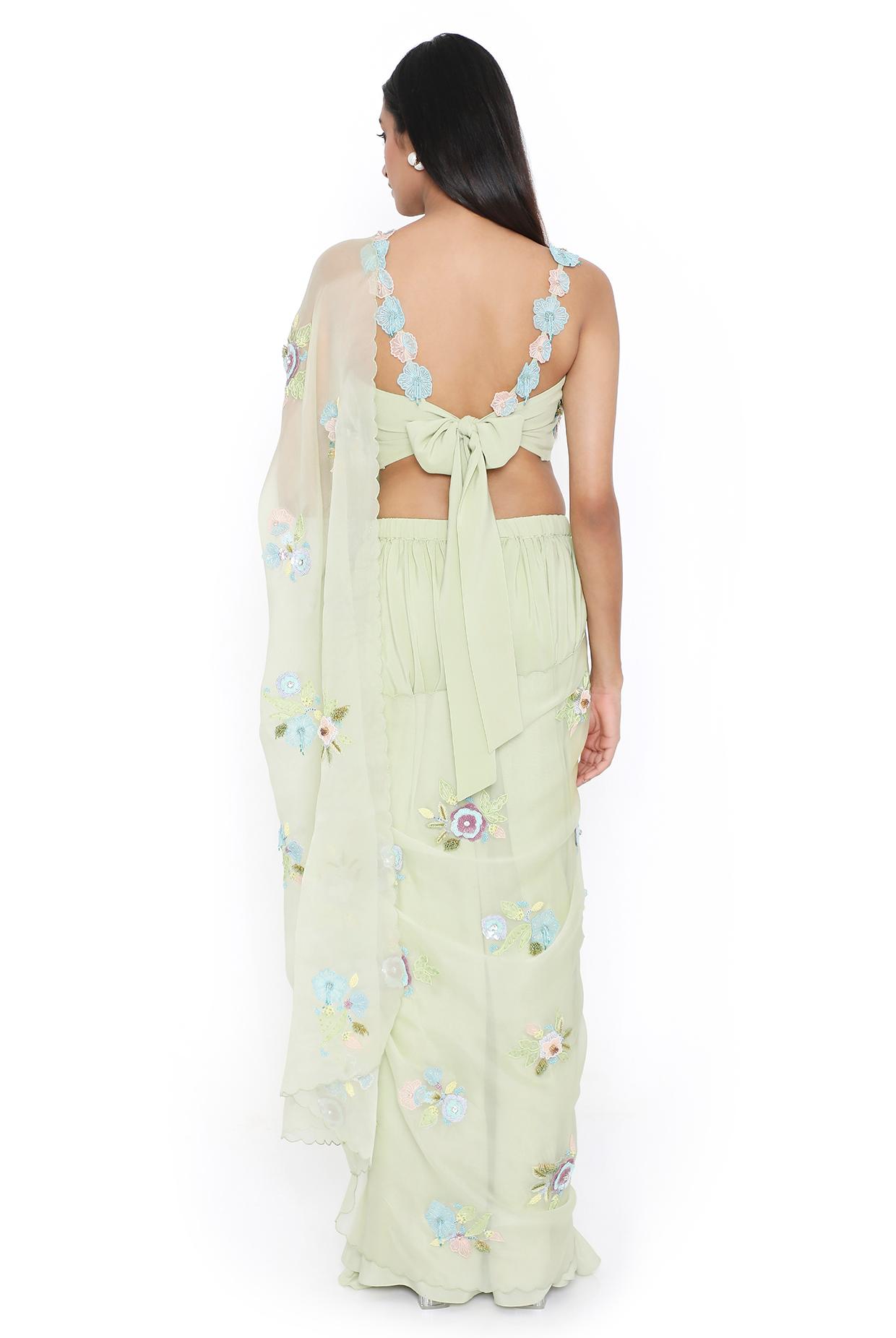 Camellia Mint Embroidered Choli And Pre Stitched Saree With Detachable Embroidered Pallu