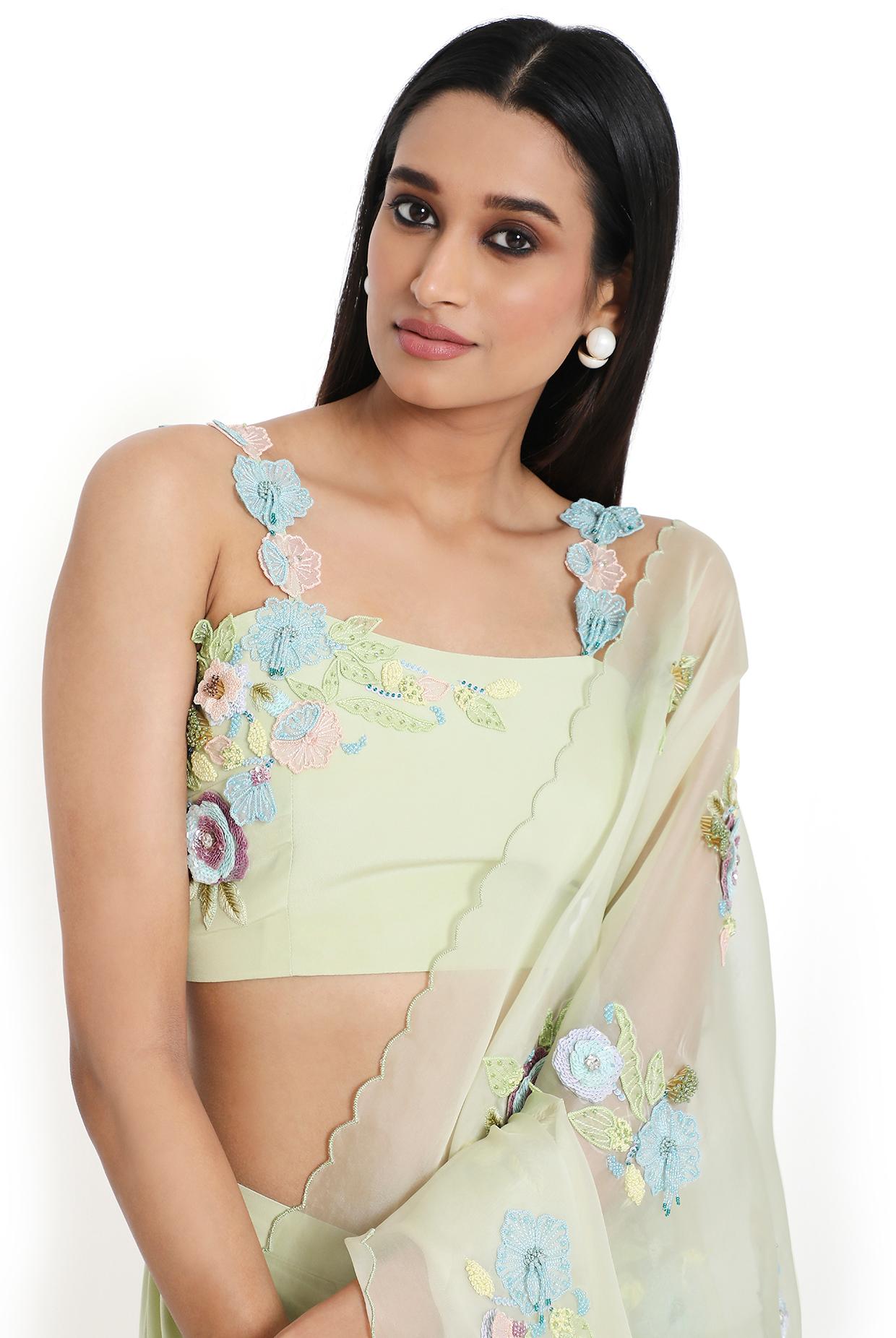 Camellia Mint Embroidered Choli And Pre Stitched Saree With Detachable Embroidered Pallu