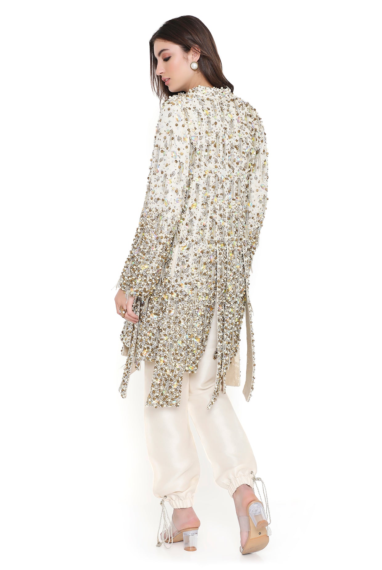 Celeste Off White Embroidered Jacket And Jogger Pant With Bottom Tie Up