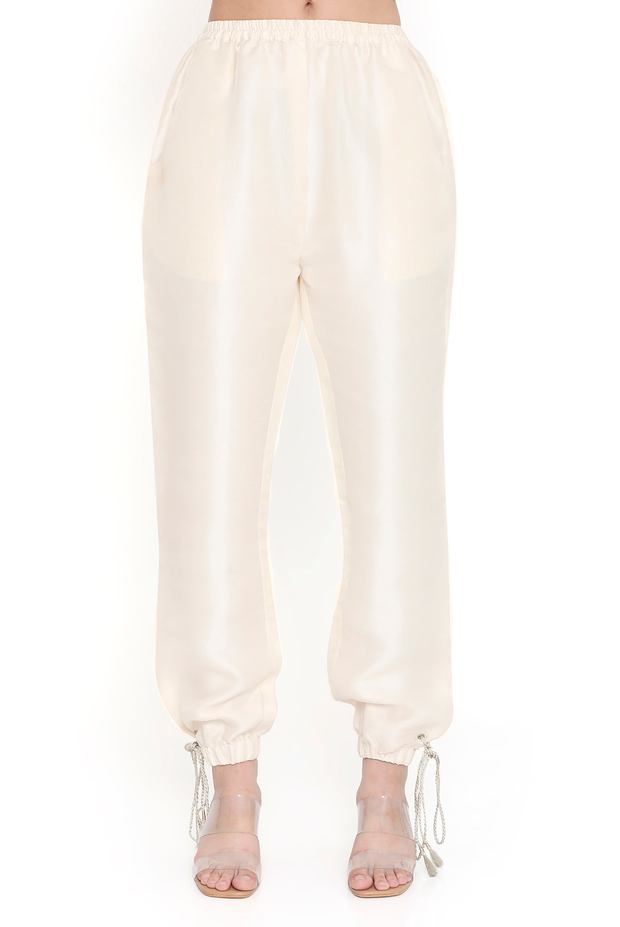 Celeste Off White Embroidered Jacket And Jogger Pant With Bottom Tie Up