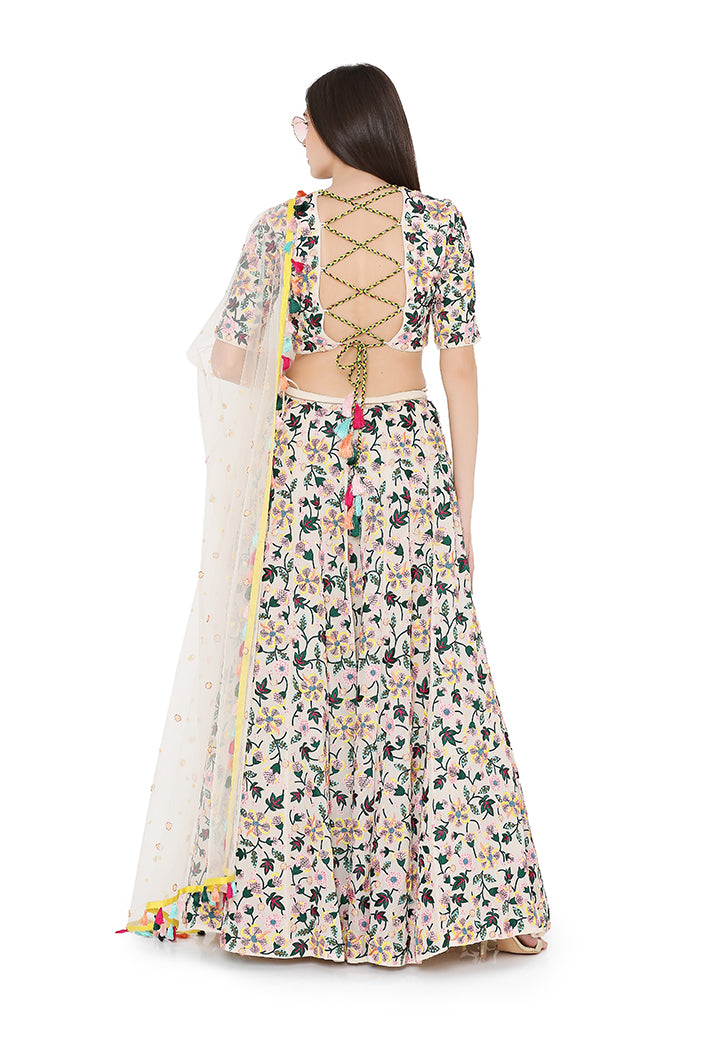 Chalk White Colour Georgette Back Tie-Up Choli and Lehenga with Net Dupatta