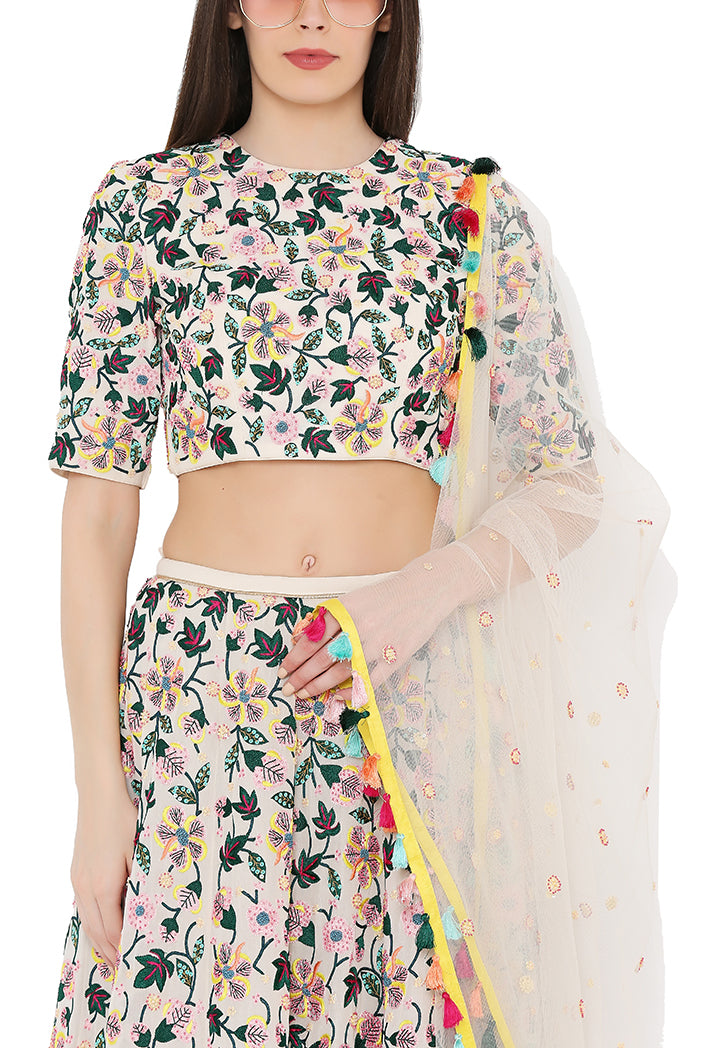 Chalk White Colour Georgette Back Tie-Up Choli and Lehenga with Net Dupatta