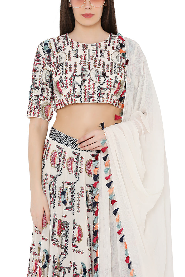 Chalk White Colour Georgette Choli and Lehenga with Chiffon Dupatta