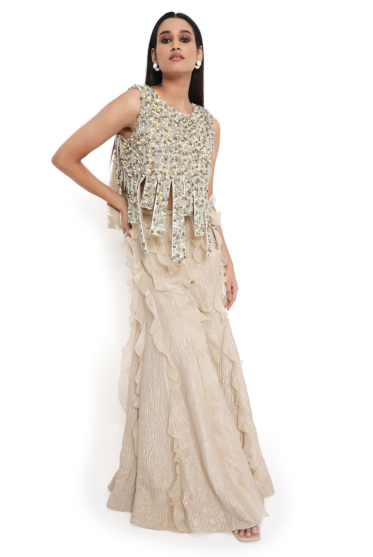 Chiara Off White Embroidered Top And Sharara With Ruffles