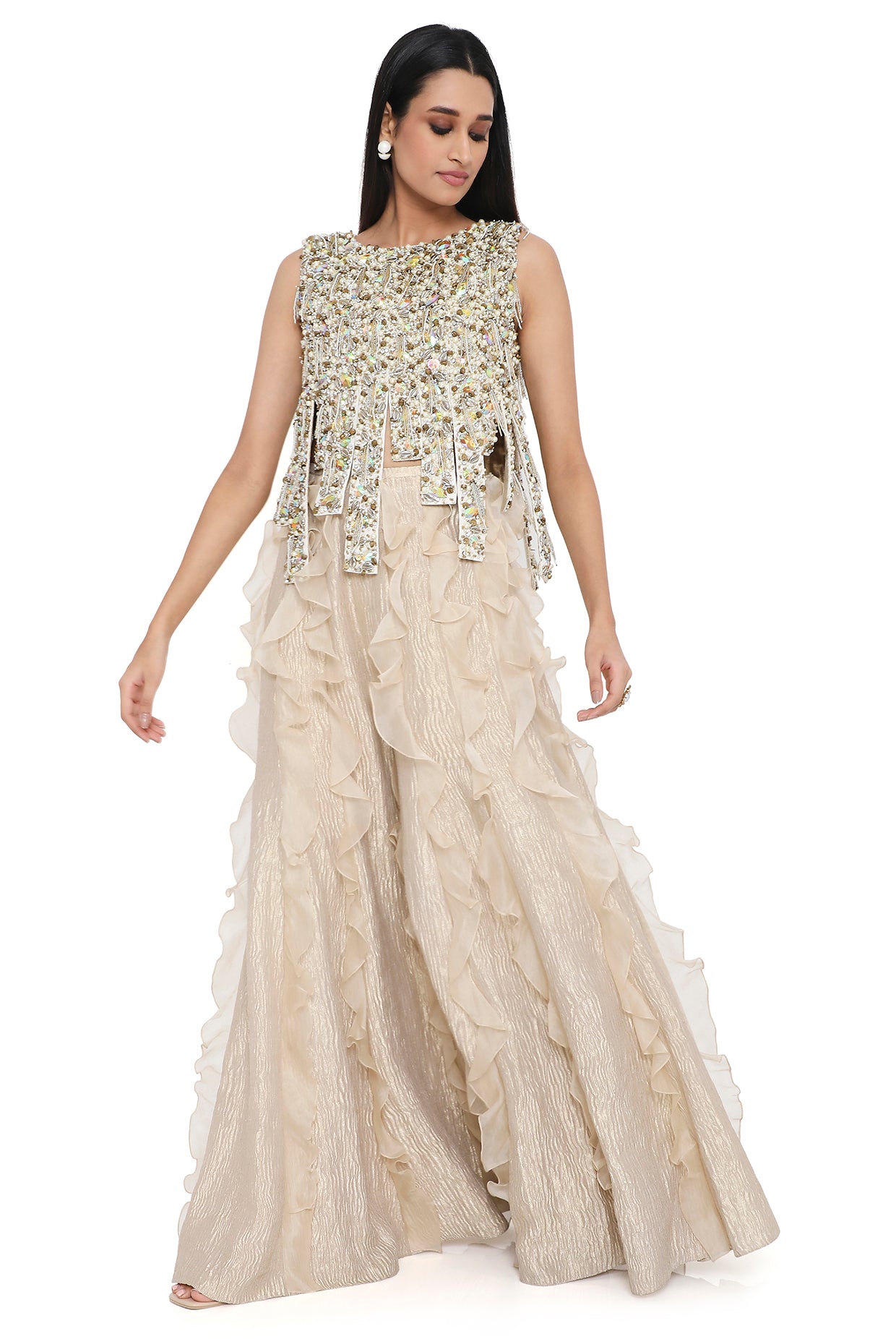 Chiara Off White Embroidered Top And Sharara With Ruffles