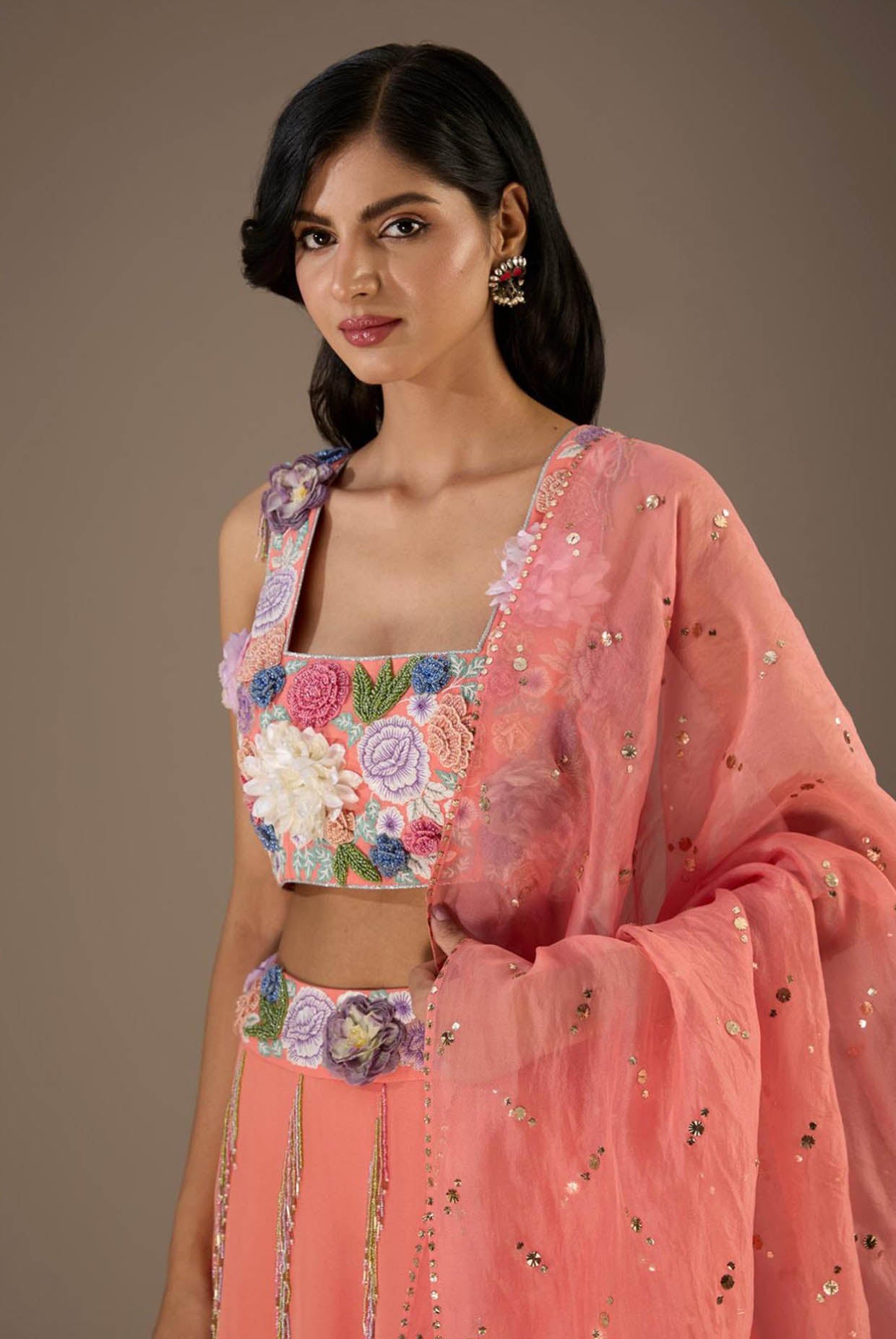 Coral Embroidered Back Tie-Up Choli With Lehenga And Dupatta