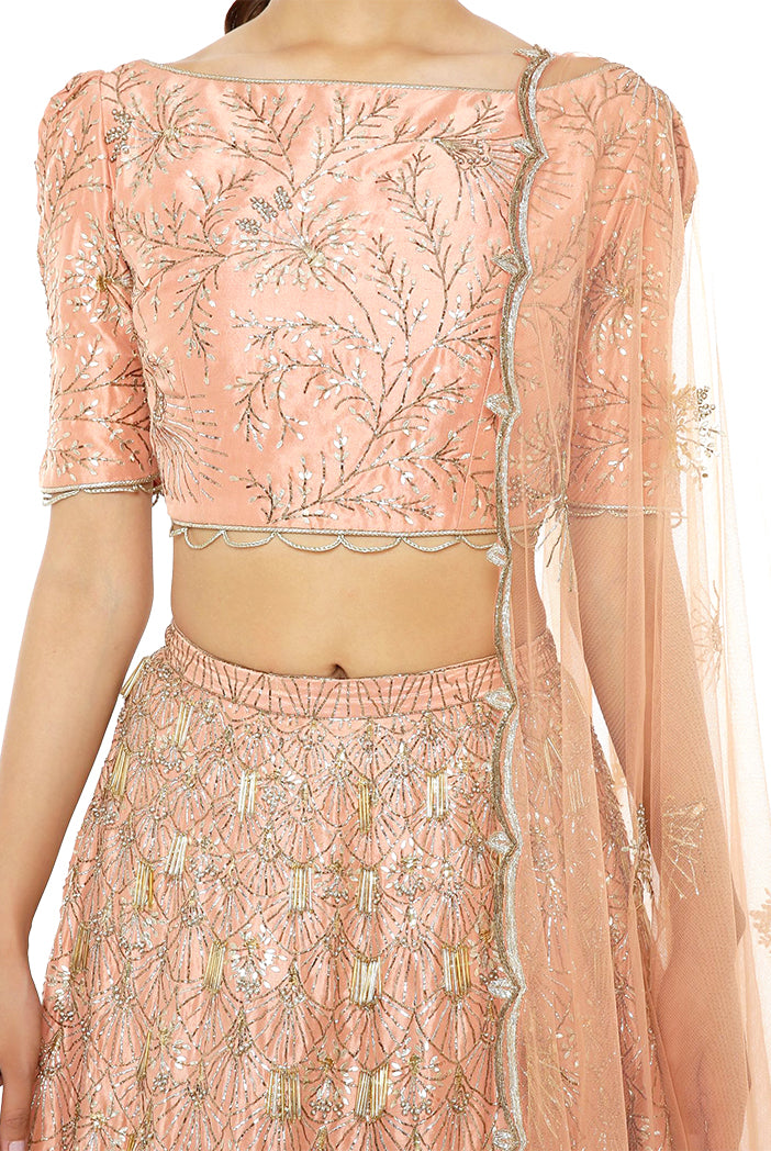Coral Silk Choli and Lehenga with Net Dupatta