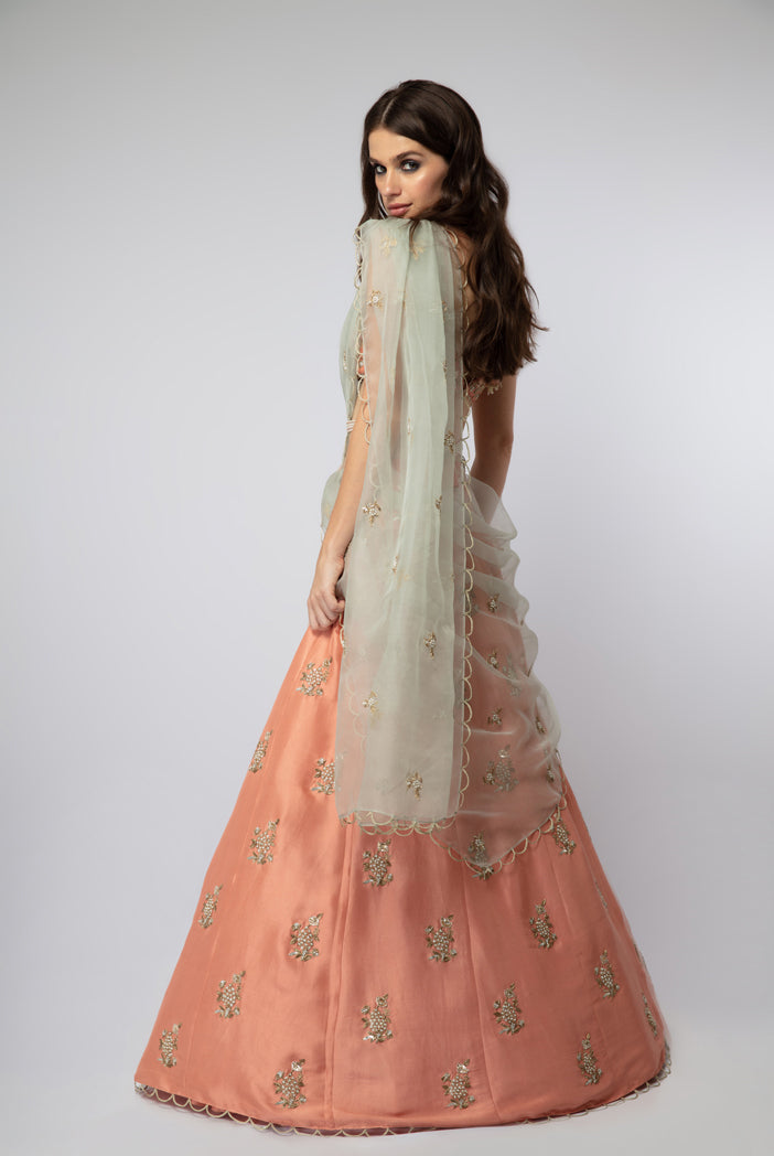 Coral Silk Choli with Lehenga and Mint Organza Dupatta with Waist Belt