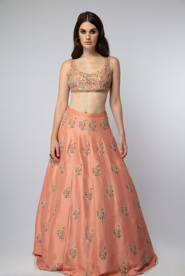 Coral Silk Choli with Lehenga and Mint Organza Dupatta with Waist Belt