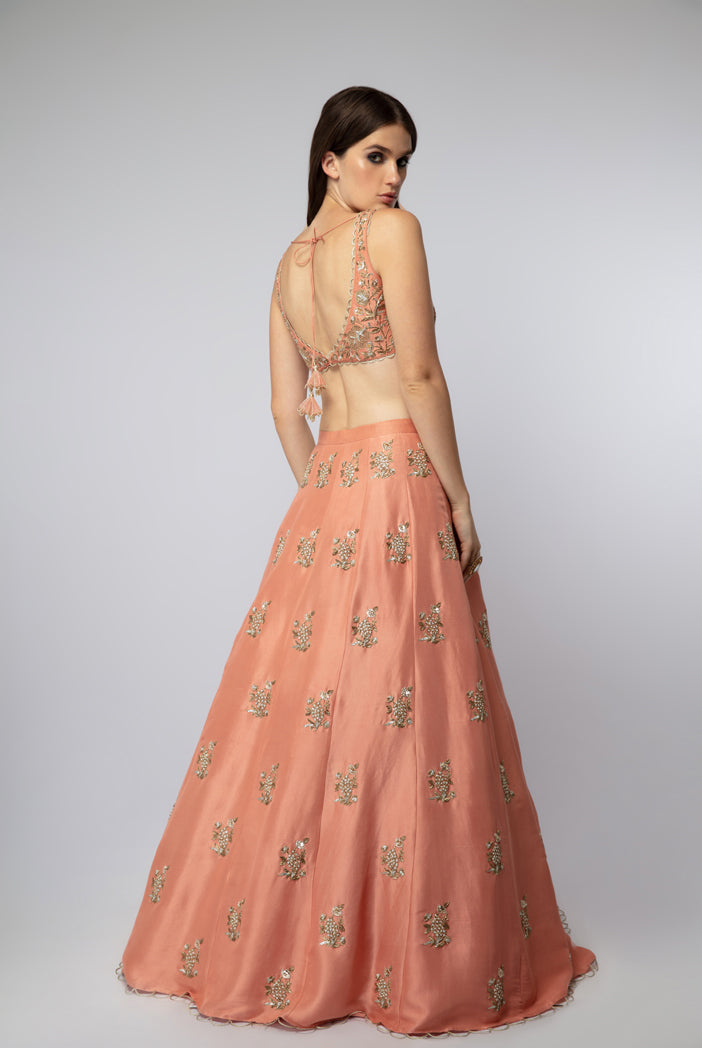 Coral Silk Choli with Lehenga and Mint Organza Dupatta with Waist Belt