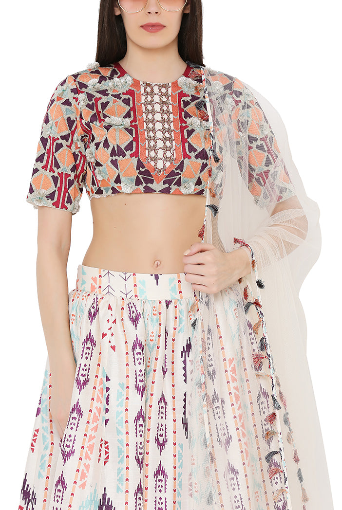 Cream Colour Crepe Back tie-Up Choli with Net Dupatta and Printed Lehenga