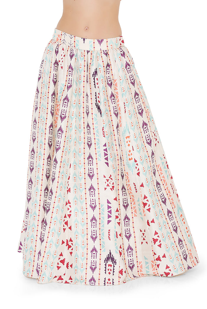 Cream Colour Crepe Back tie-Up Choli with Net Dupatta and Printed Lehenga