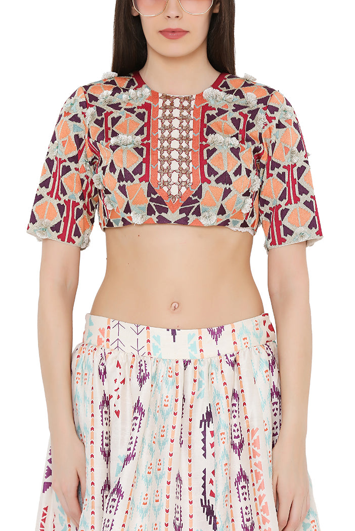 Cream Colour Crepe Back tie-Up Choli with Net Dupatta and Printed Lehenga