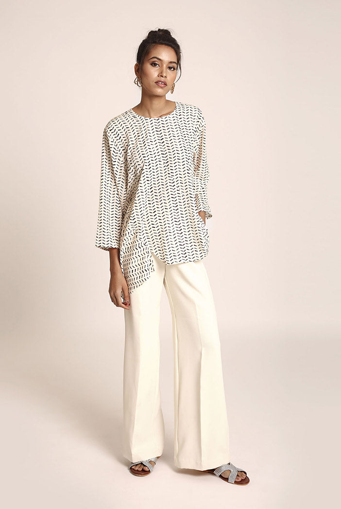 Cream Printed Art Crepe Tunic