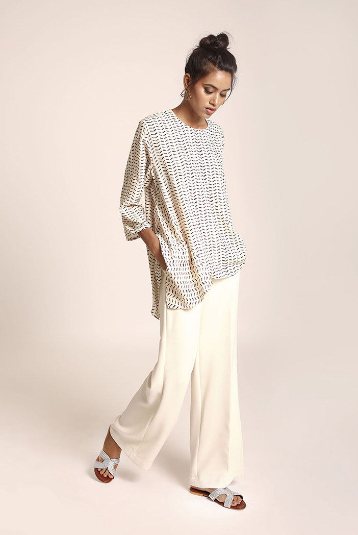 Cream Printed Art Crepe Tunic