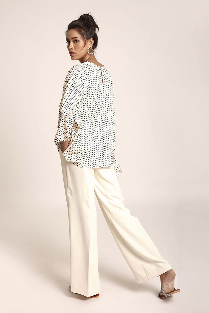 Cream Printed Art Crepe Tunic