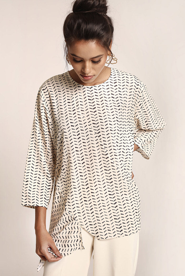 Cream Printed Art Crepe Tunic
