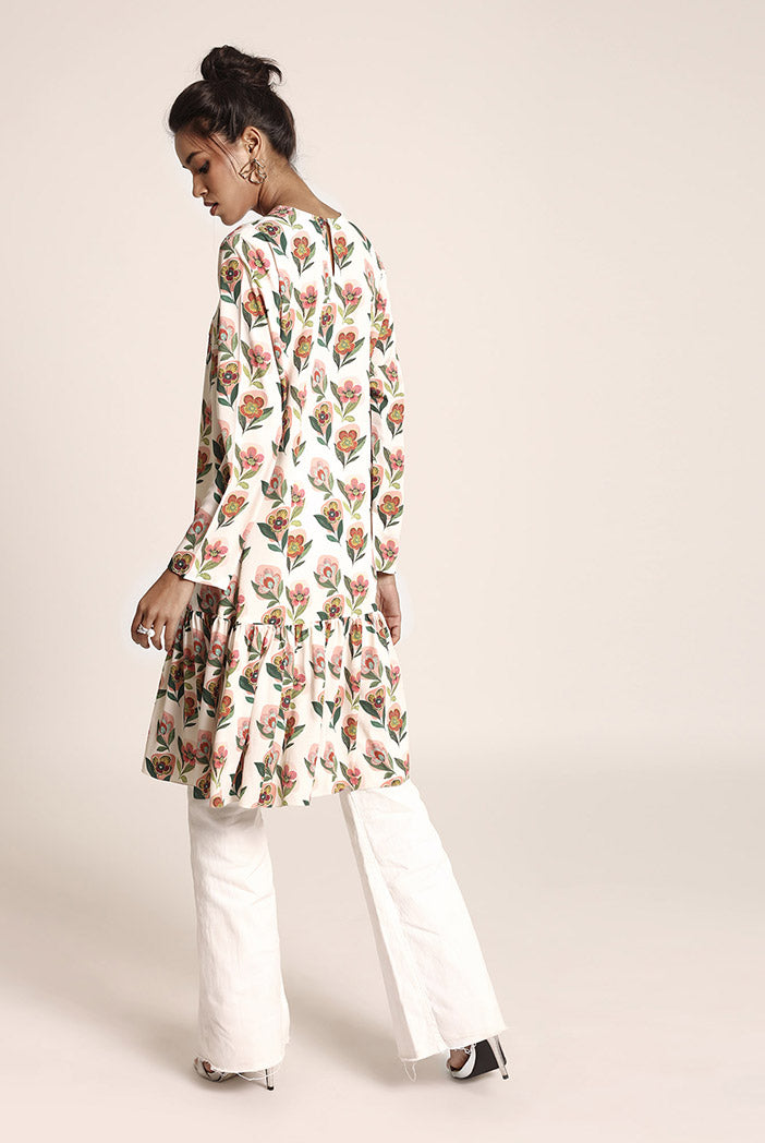 Cream Printed Art Crepe Tunic