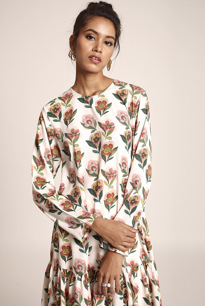 Cream Printed Art Crepe Tunic