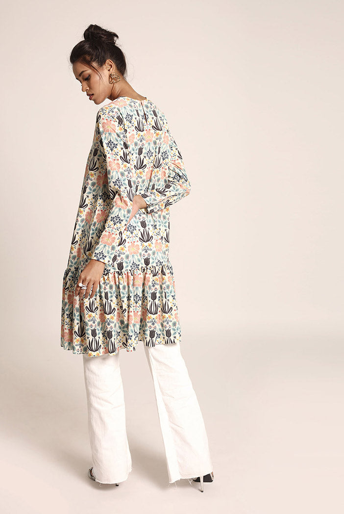 Cream Printed Art Crepe Tunic