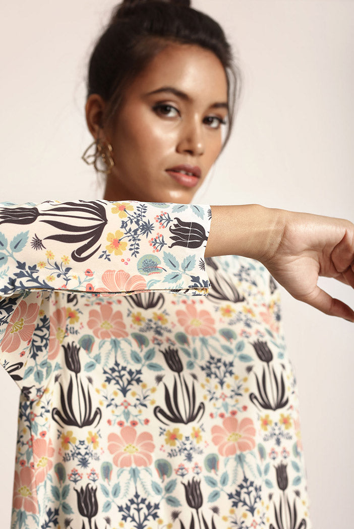 Cream Printed Art Crepe Tunic