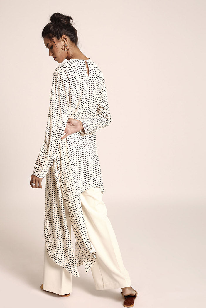 Cream Printed Art Crepe Tunic