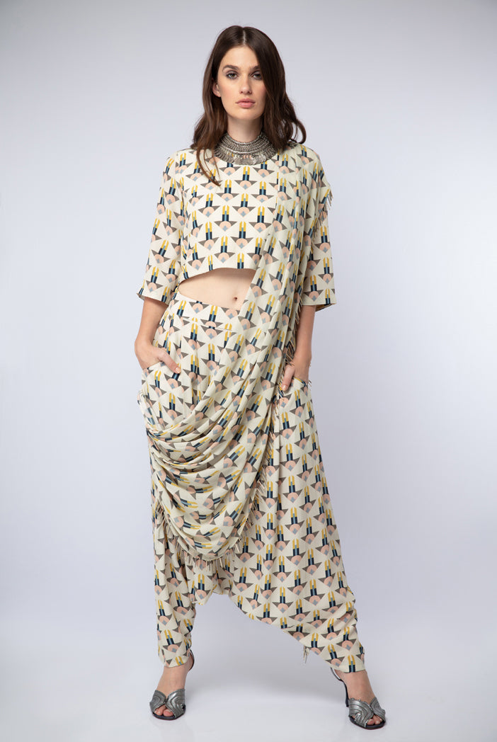 Cream Printed Crepe Crop Top with Low Crotch Pant and Attached Georgette Drape