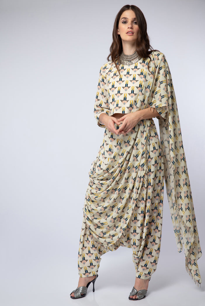 Cream Printed Crepe Crop Top with Low Crotch Pant and Attached Georgette Drape
