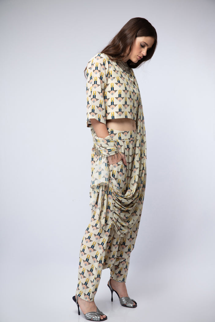 Cream Printed Crepe Crop Top with Low Crotch Pant and Attached Georgette Drape
