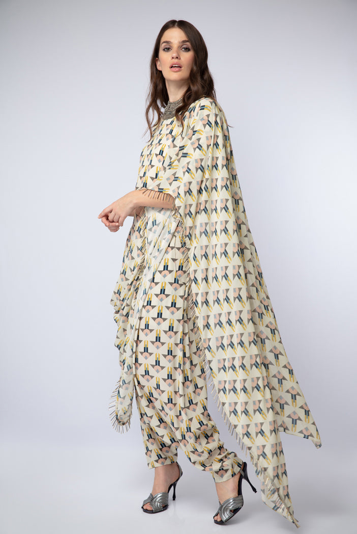 Cream Printed Crepe Crop Top with Low Crotch Pant and Attached Georgette Drape