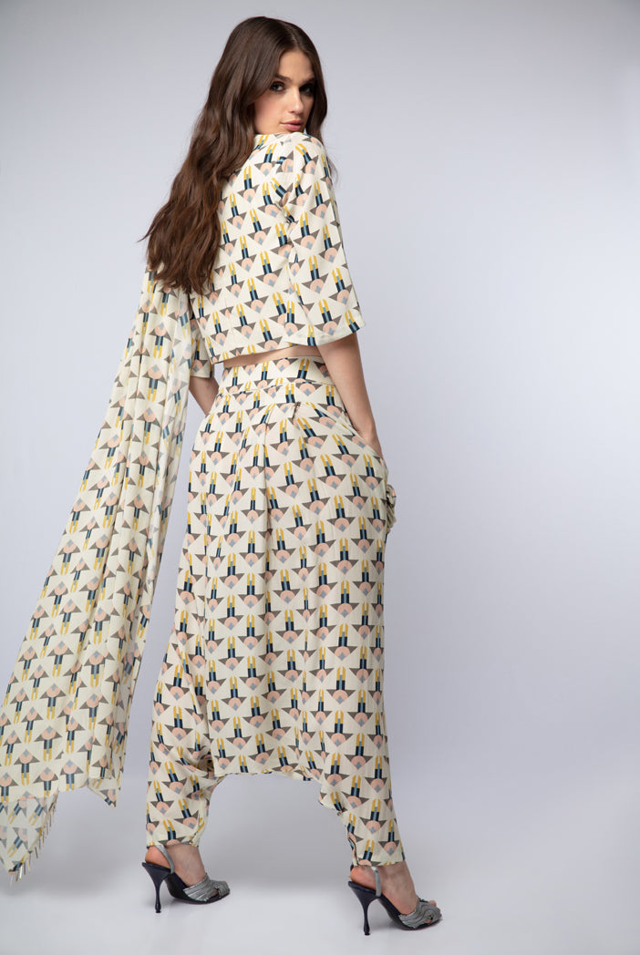 Cream Printed Crepe Crop Top with Low Crotch Pant and Attached Georgette Drape