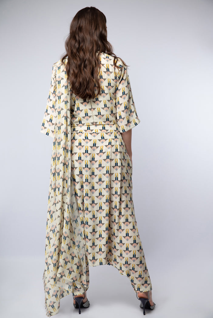 Cream Printed Crepe Crop Top with Low Crotch Pant and Attached Georgette Drape