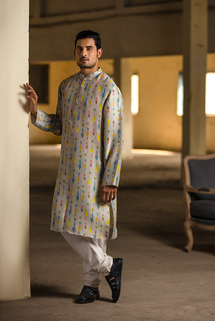 Cream Printed Silk Kurta with Off White Cotton Silk Churidar