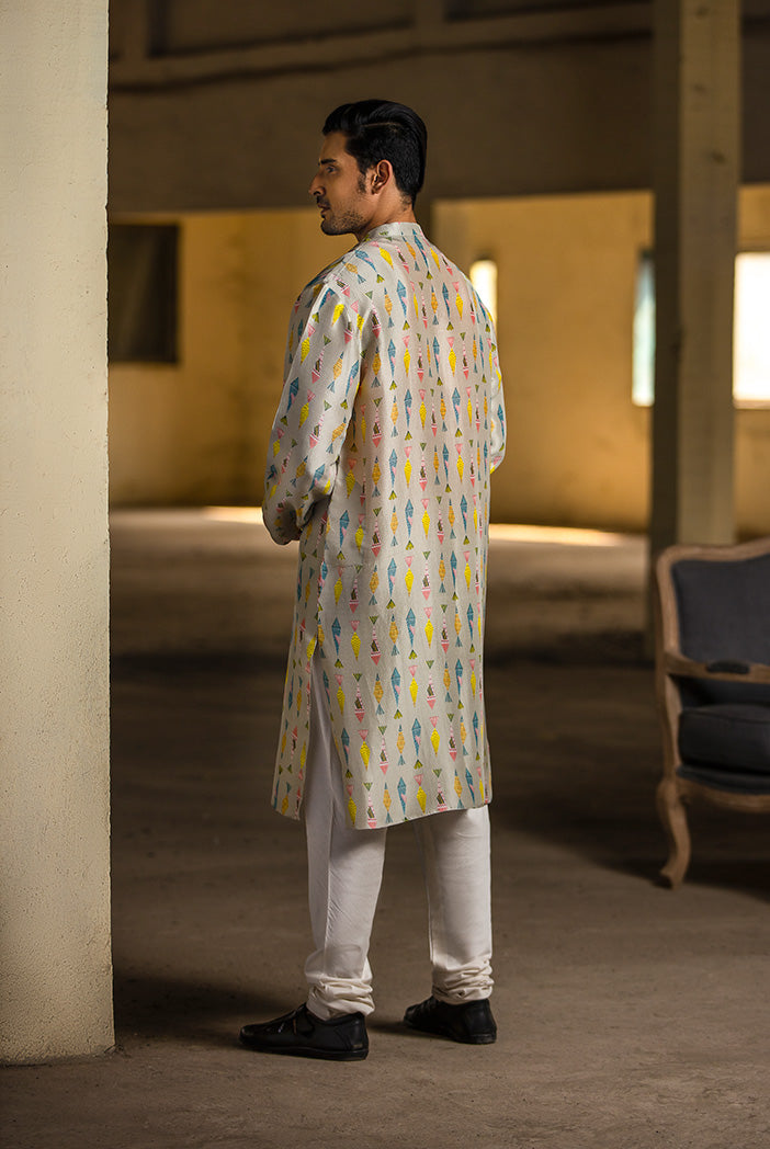Cream Printed Silk Kurta with Off White Cotton Silk Churidar