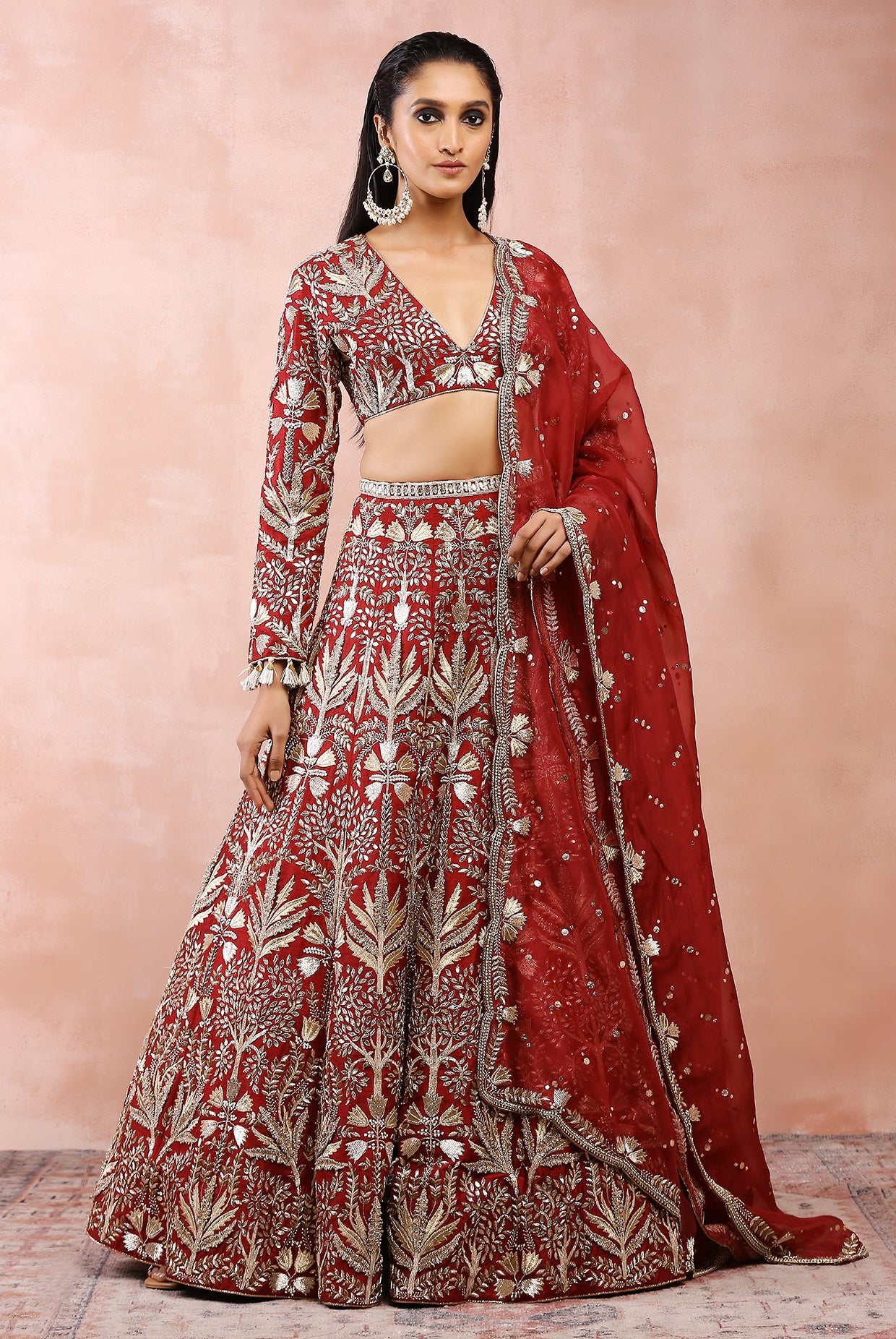 Dark Red Bagh Embroidered Choli With Lehenga And Dupatta