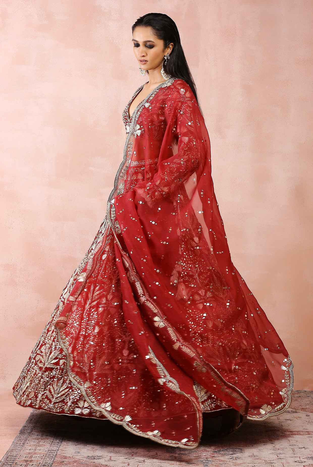 Dark Red Bagh Embroidered Choli With Lehenga And Dupatta