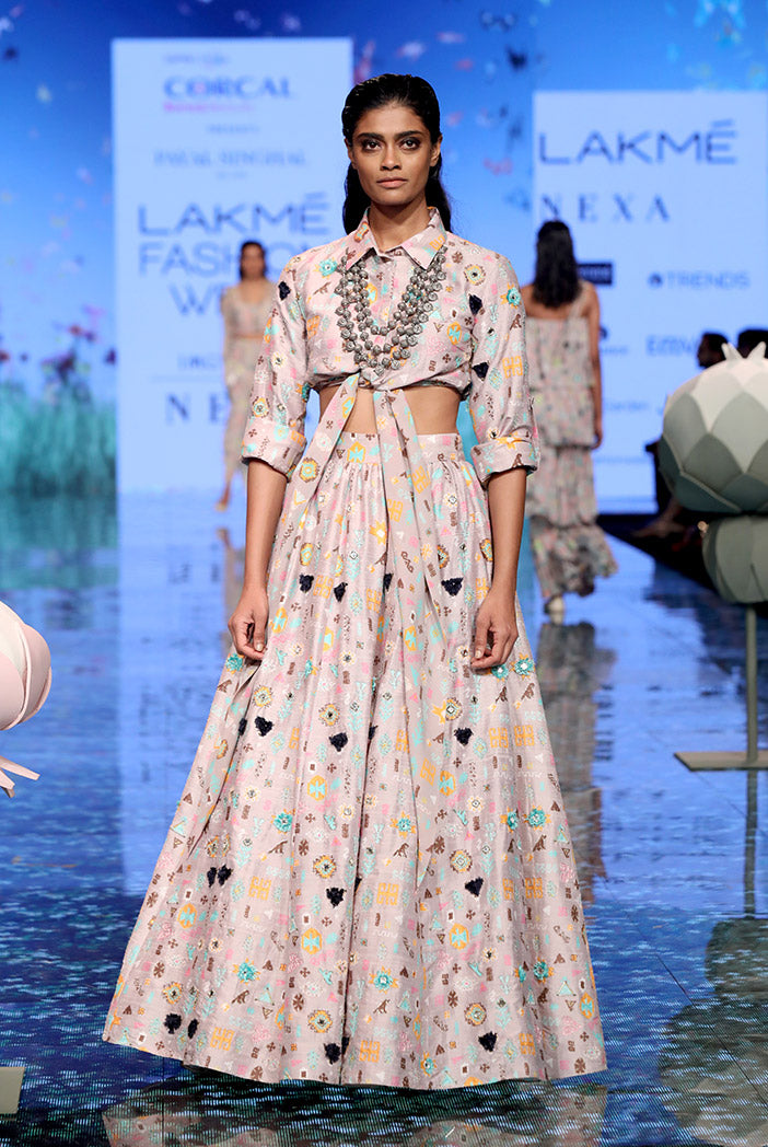 Davina Lavender Orange Printed Dupion Silk Shirt and Lehenga