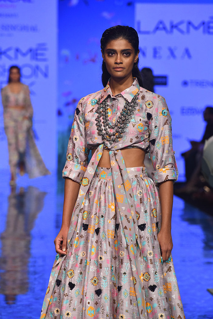 Davina Lavender Orange Printed Dupion Silk Shirt and Lehenga