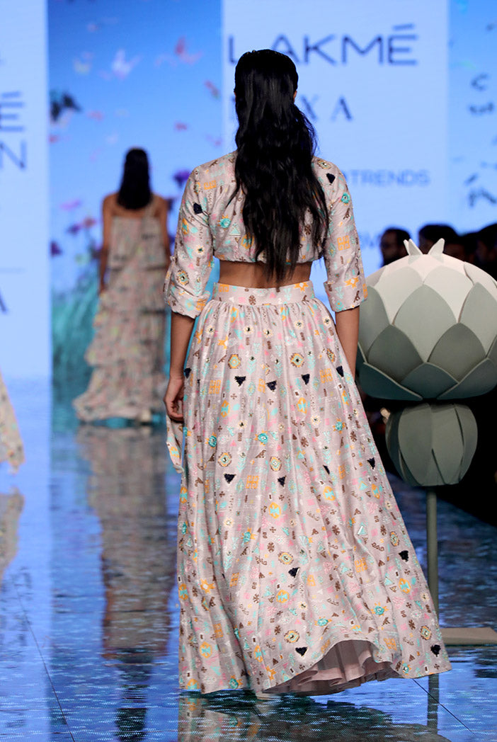 Davina Lavender Orange Printed Dupion Silk Shirt and Lehenga