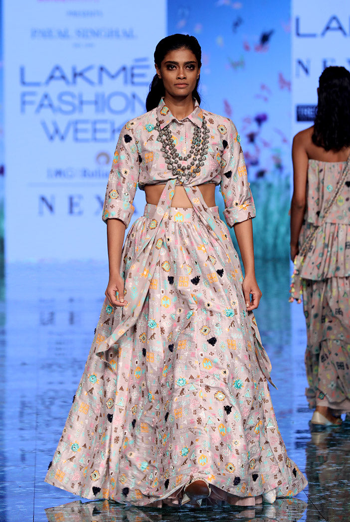 Davina Lavender Orange Printed Dupion Silk Shirt and Lehenga