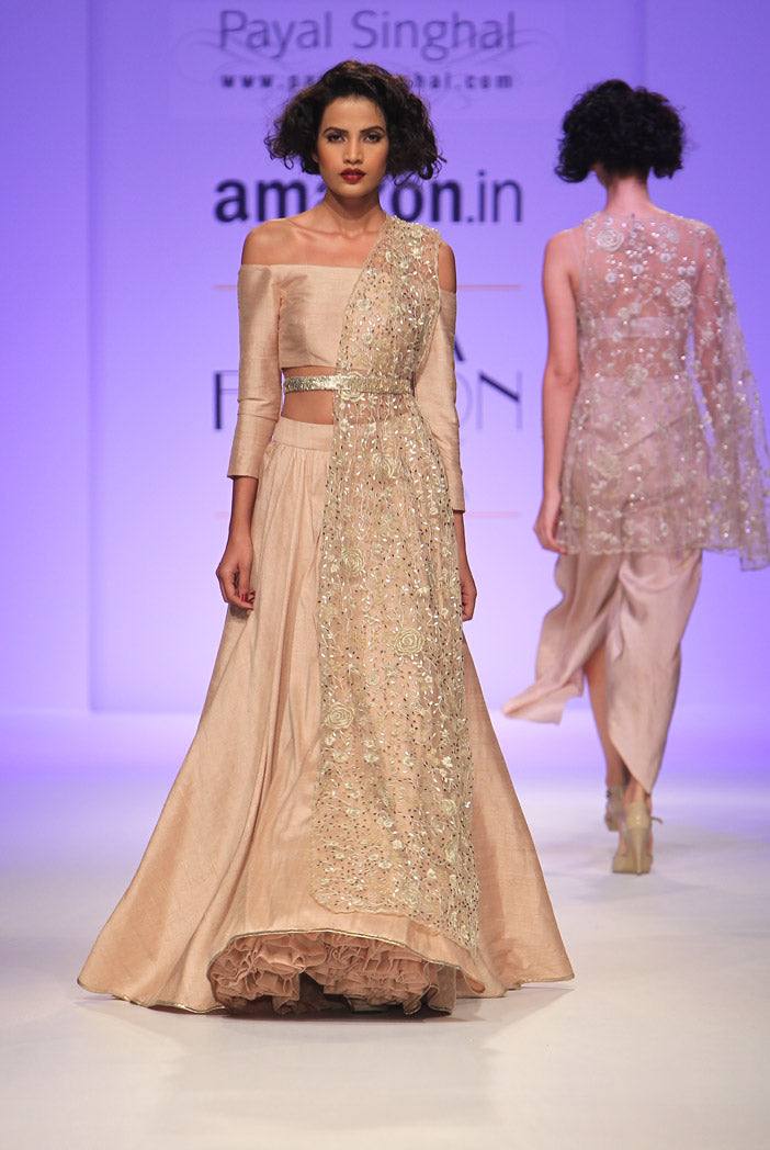 Demi Blush Dupion Silk Off Shoulder Choli with Skirt and Tulle Dupatta with Belt